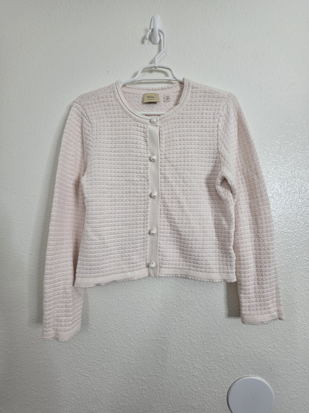 Elie Tahari Womens Medium Pink Pearl Button Wool Blend Cardigan Sweater